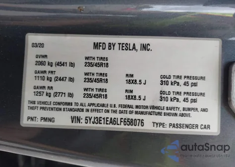 2020 Tesla Model 3 Standard Range Plus Rear-Wheel Drive/Standard Range Rear-Wheel Drive from USA, damaged, VIN 5YJ3E1EA6LF658076